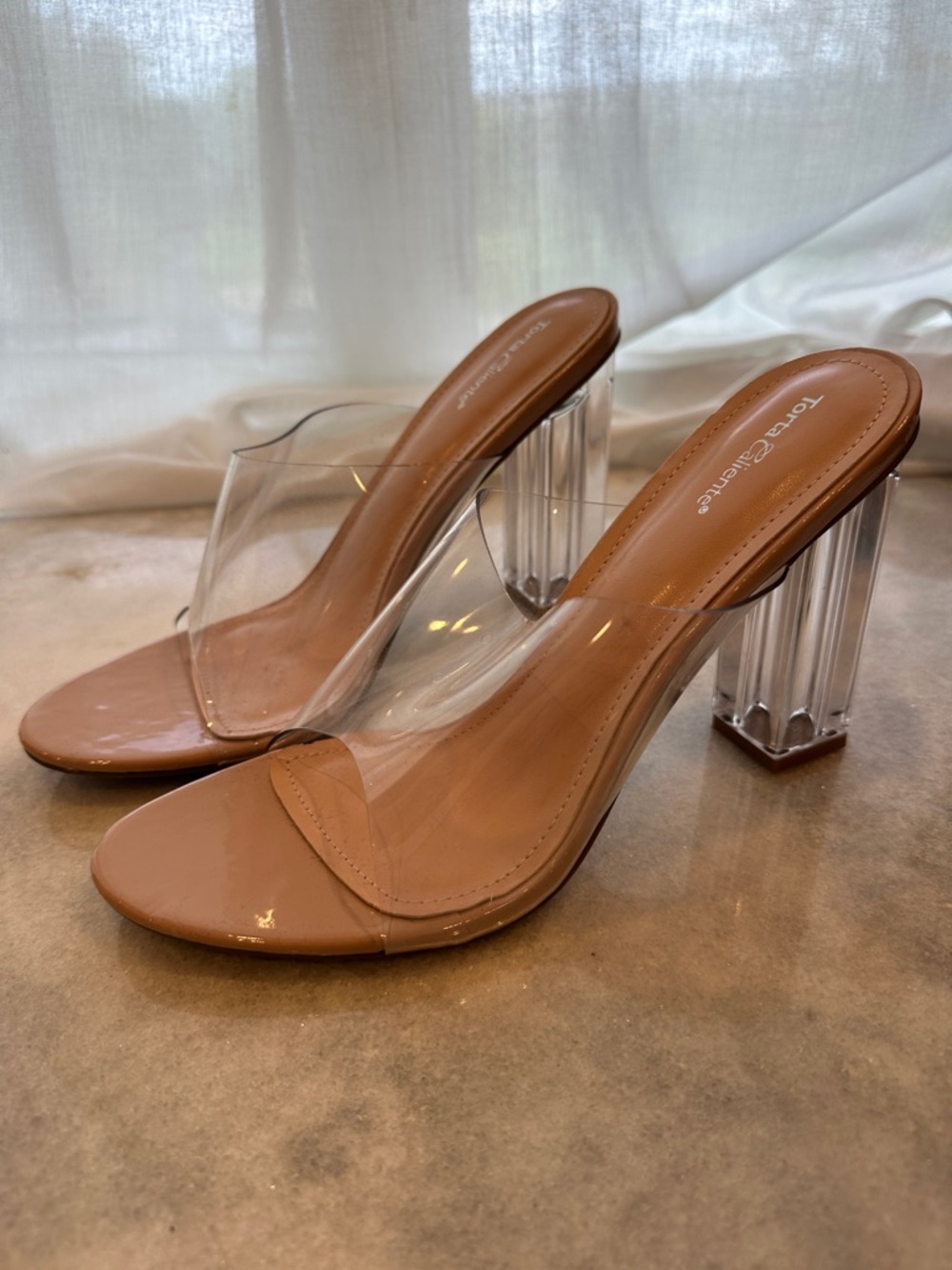Tony Bianco Nude Patent Mule with Clear Block Heel - Slip-On Women's Clog
